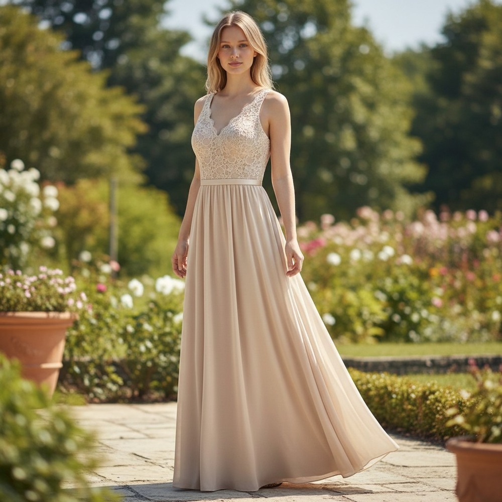Mori Lee By Madeline Gardner Long Blush Sheer Bridesmaid Dress Lace Bodice Sz6